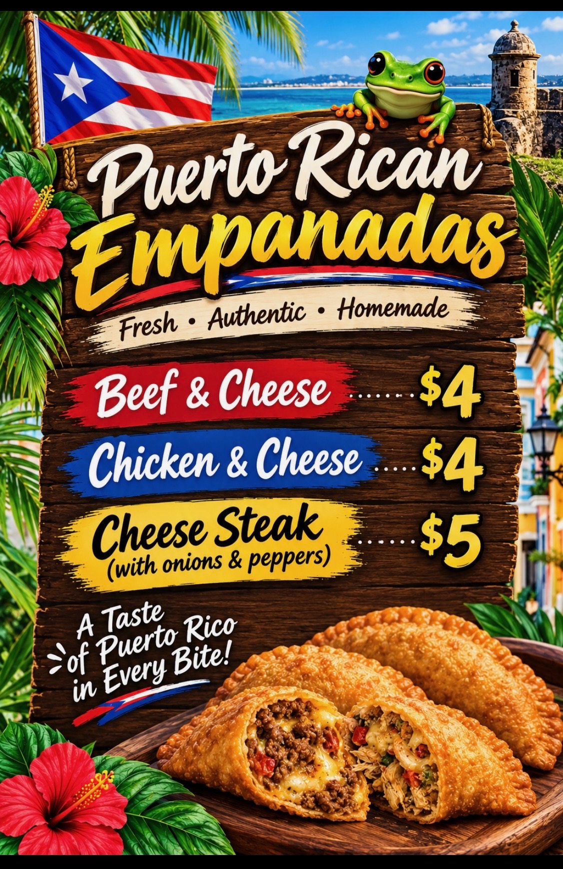 Angel's Cocina Puerto Rican empanada menu featuring beef and cheese, chicken and cheese, and cheesesteak empanadas